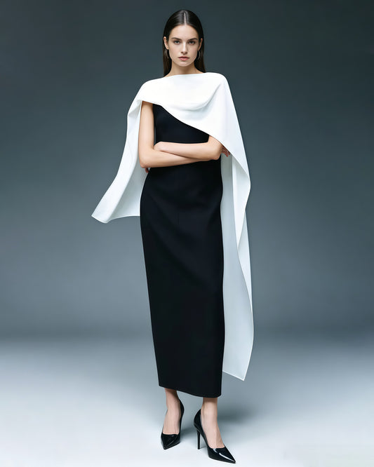 Black White Colorblock Cape Sleeve Maxi Dress