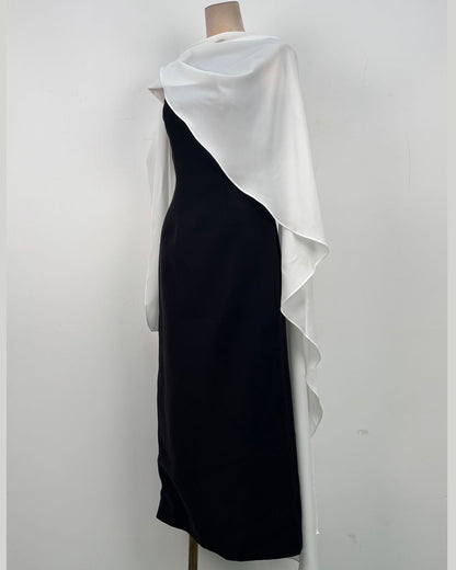 Black White Colorblock Cape Sleeve Maxi Dress