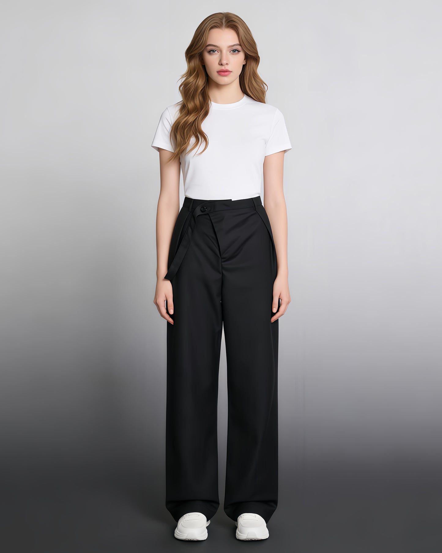 Black Wide-Leg Pants with Asymmetrical Waist Flap