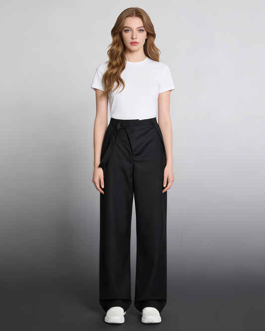 Black Wide-Leg Pants with Asymmetrical Waist Flap