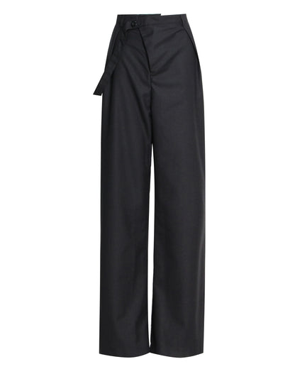 Black Wide-Leg Pants with Asymmetrical Waist Flap