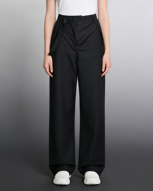 Black Wide-Leg Pants with Asymmetrical Waist Flap