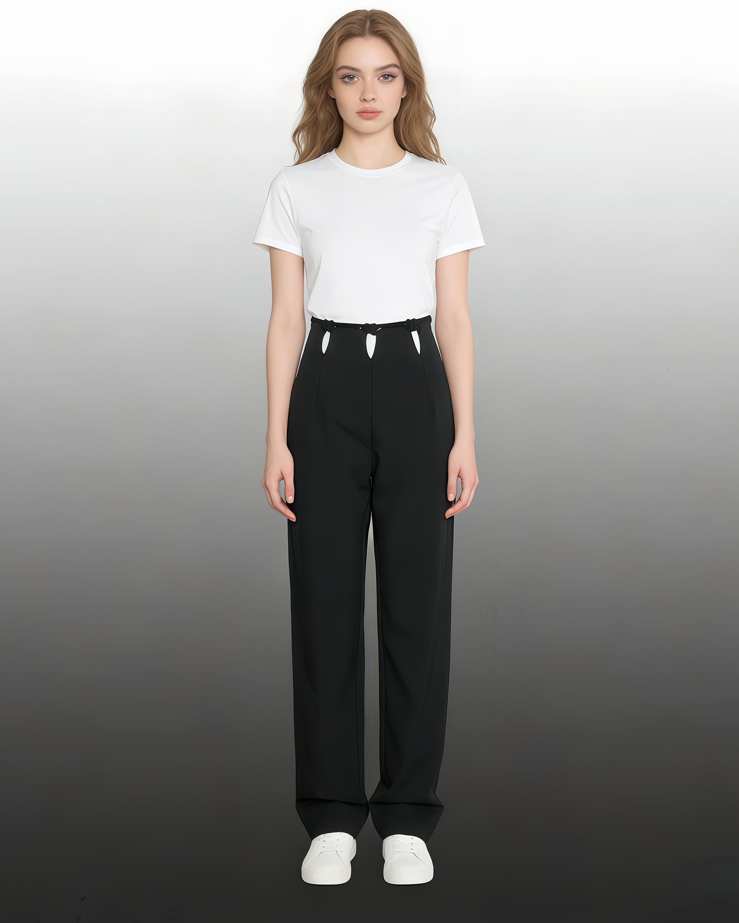Black Wide-Leg Pants with Contrast Waist Accents