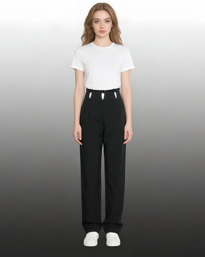 Black Wide-Leg Pants with Contrast Waist Accents