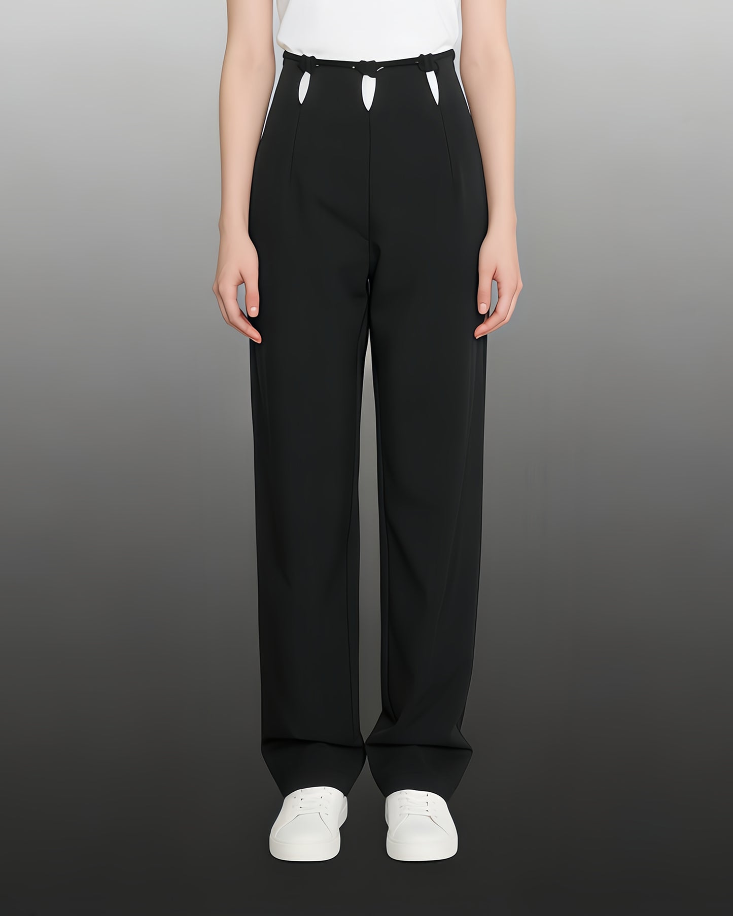 Black Wide-Leg Pants with Contrast Waist Accents