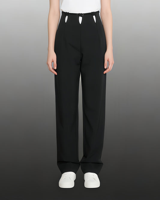 Black Wide-Leg Pants with Contrast Waist Accents