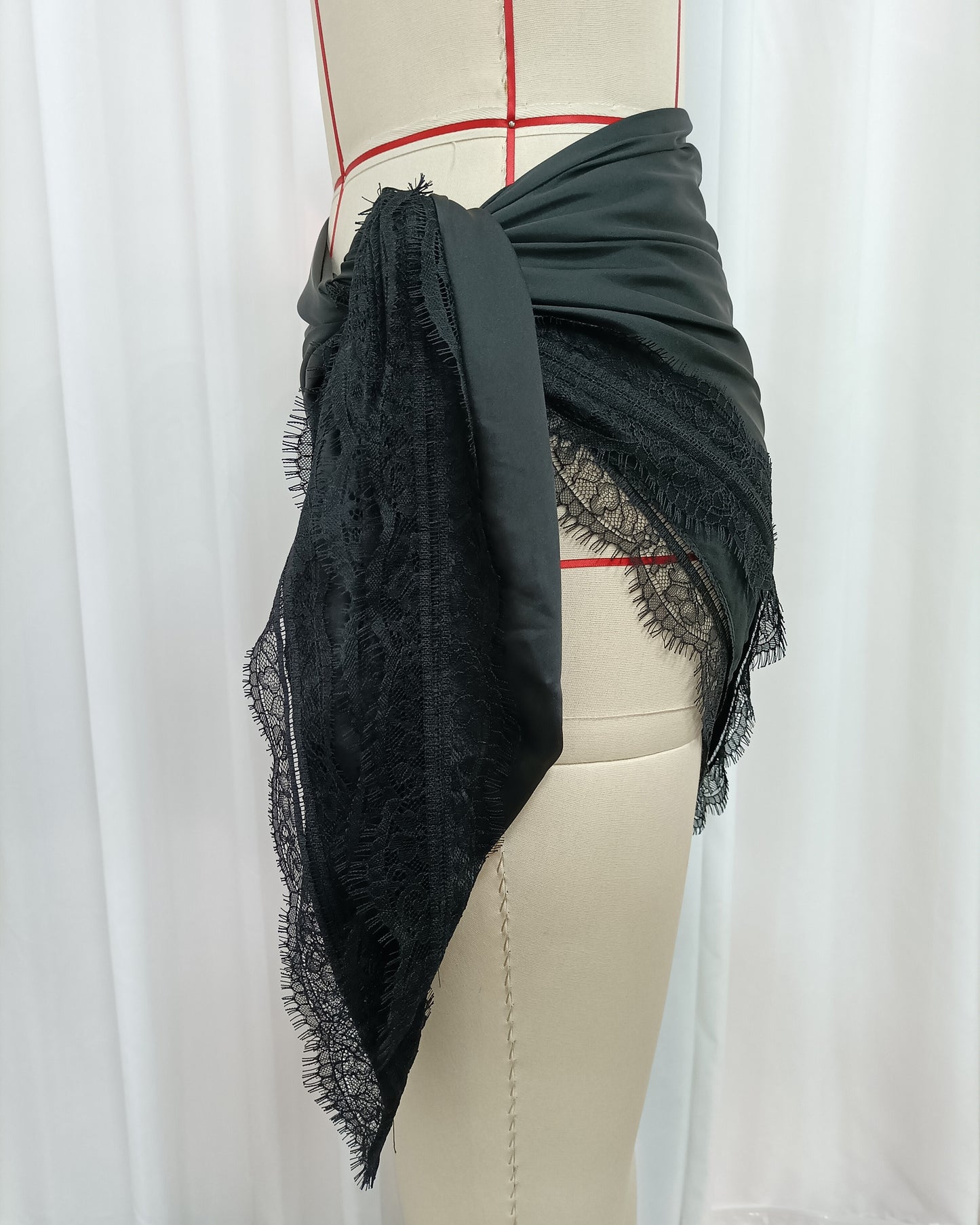 Black Wrap Mini Skirt with Eyelash Lace Trim