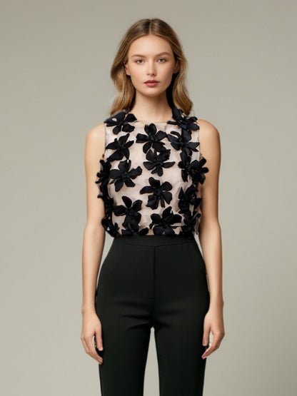 Black 3D Floral Appliqué Sleeveless Top