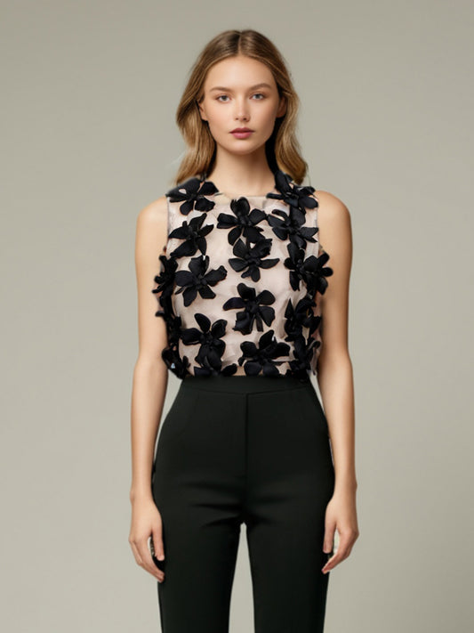 Black 3D Floral Appliqué Sleeveless Top
