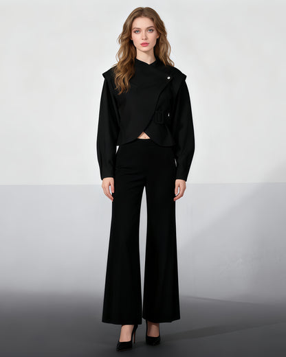 Black Asymmetric Buckle Cropped Jacket