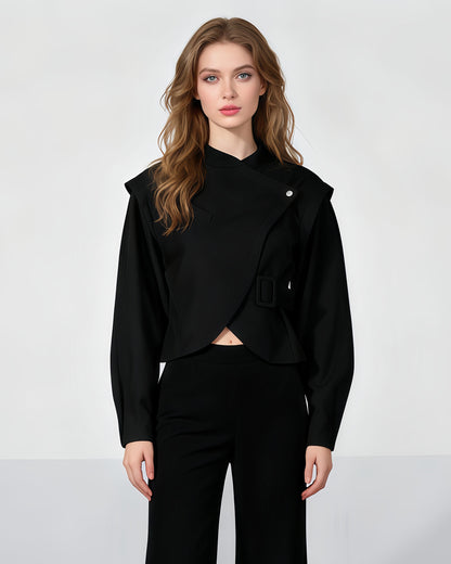 Black Asymmetric Buckle Cropped Jacket