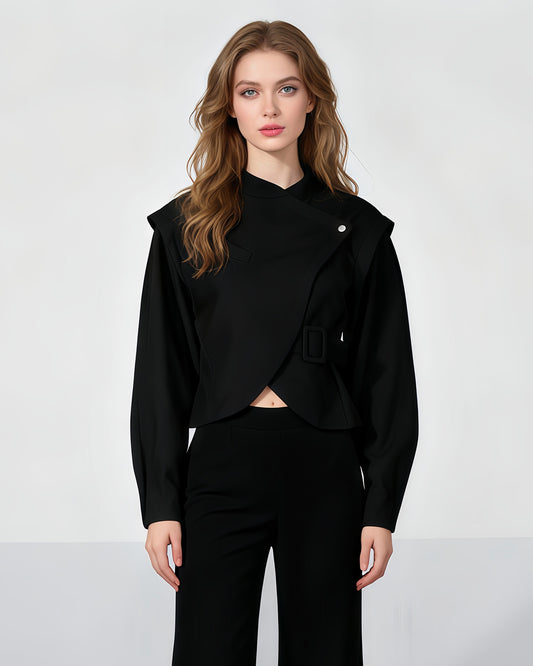 Black Asymmetric Buckle Cropped Jacket
