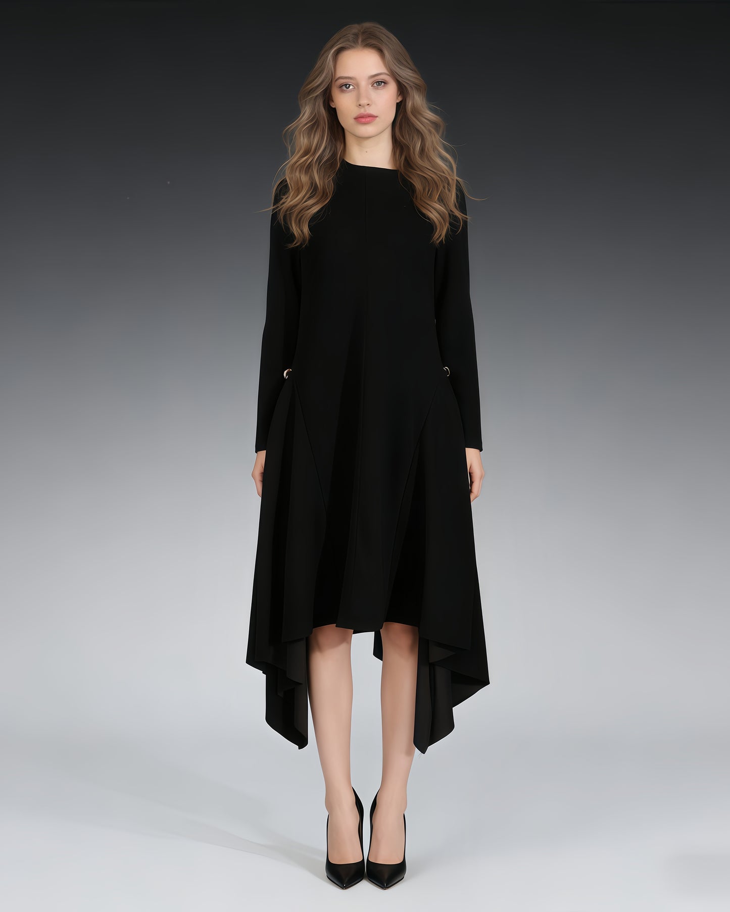 Black Asymmetric Hem Dress with Side Ring