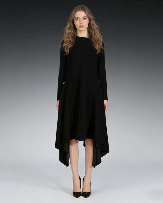 Black Asymmetric Hem Dress with Side Ring