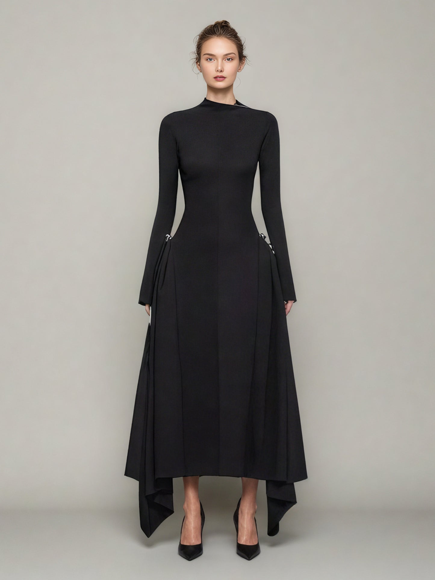 Black Asymmetric Hem Dress with Side Ring Details