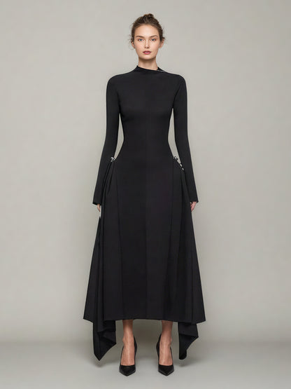 Black Asymmetric Hem Dress with Side Ring Details