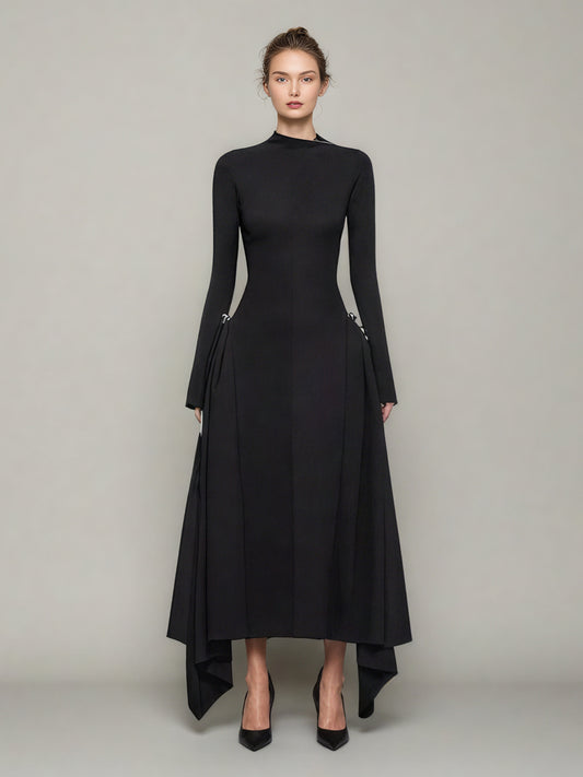 Black Asymmetric Hem Dress with Side Ring Details