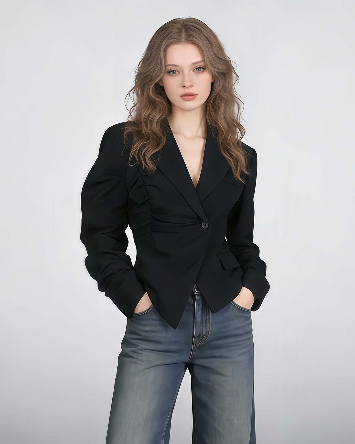 Black Asymmetric Ruched Blazer