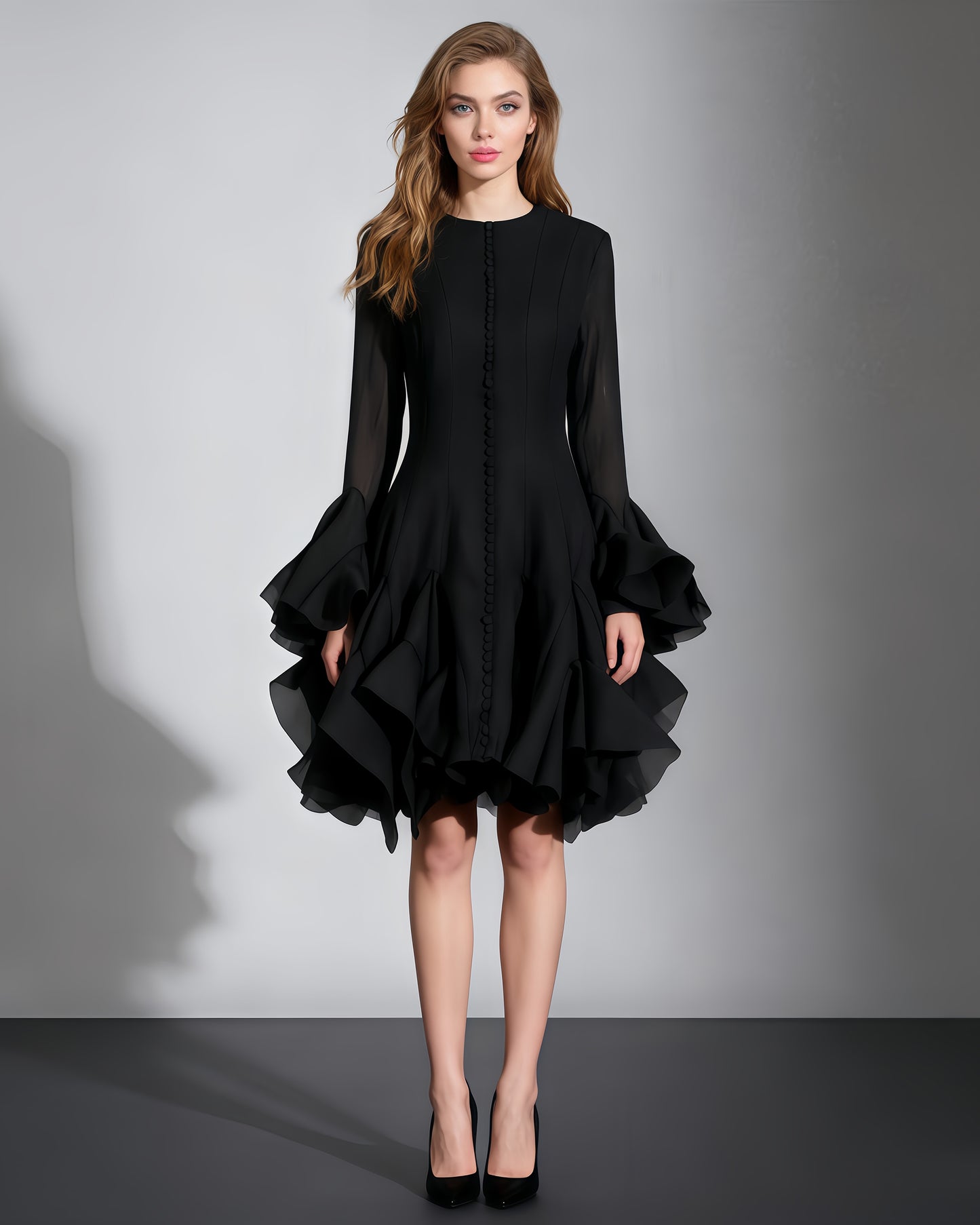 Black Bell Sleeve Ruffled Long Dress with Button Front