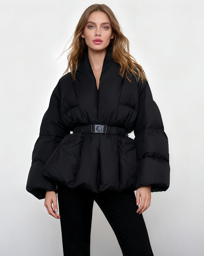 Black Belted Cotton-Padded Jacket with Kimono Collar