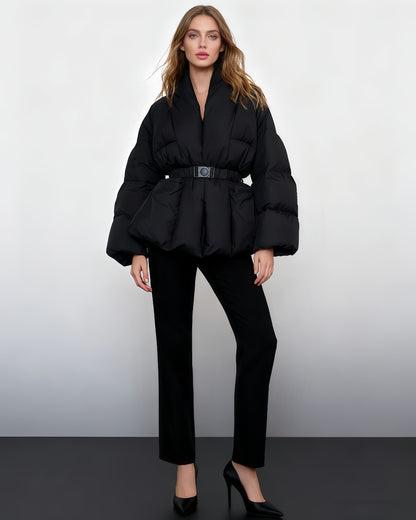 Black Belted Cotton-Padded Jacket with Kimono Collar