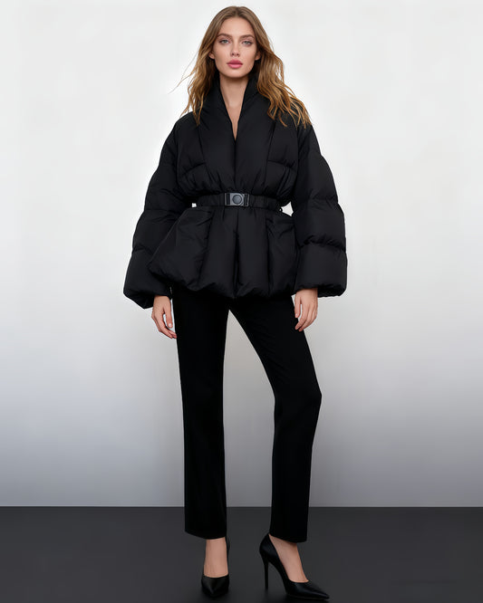 Black Belted Cotton-Padded Jacket with Kimono Collar
