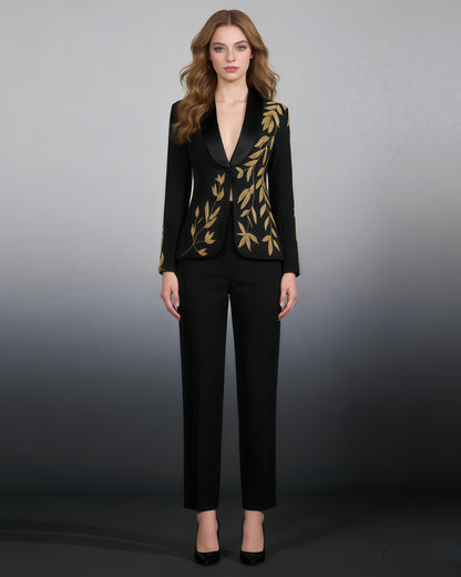 Black Blazer with Gold Leaf Embroidery & Satin Lapel