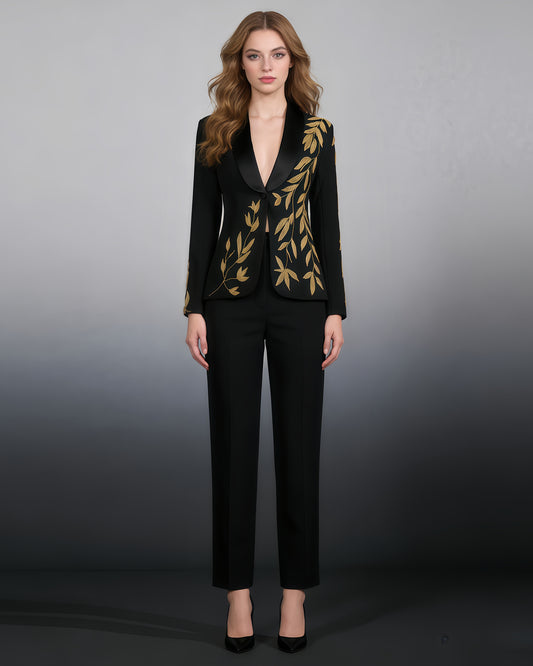 Black Blazer with Gold Leaf Embroidery & Satin Lapel