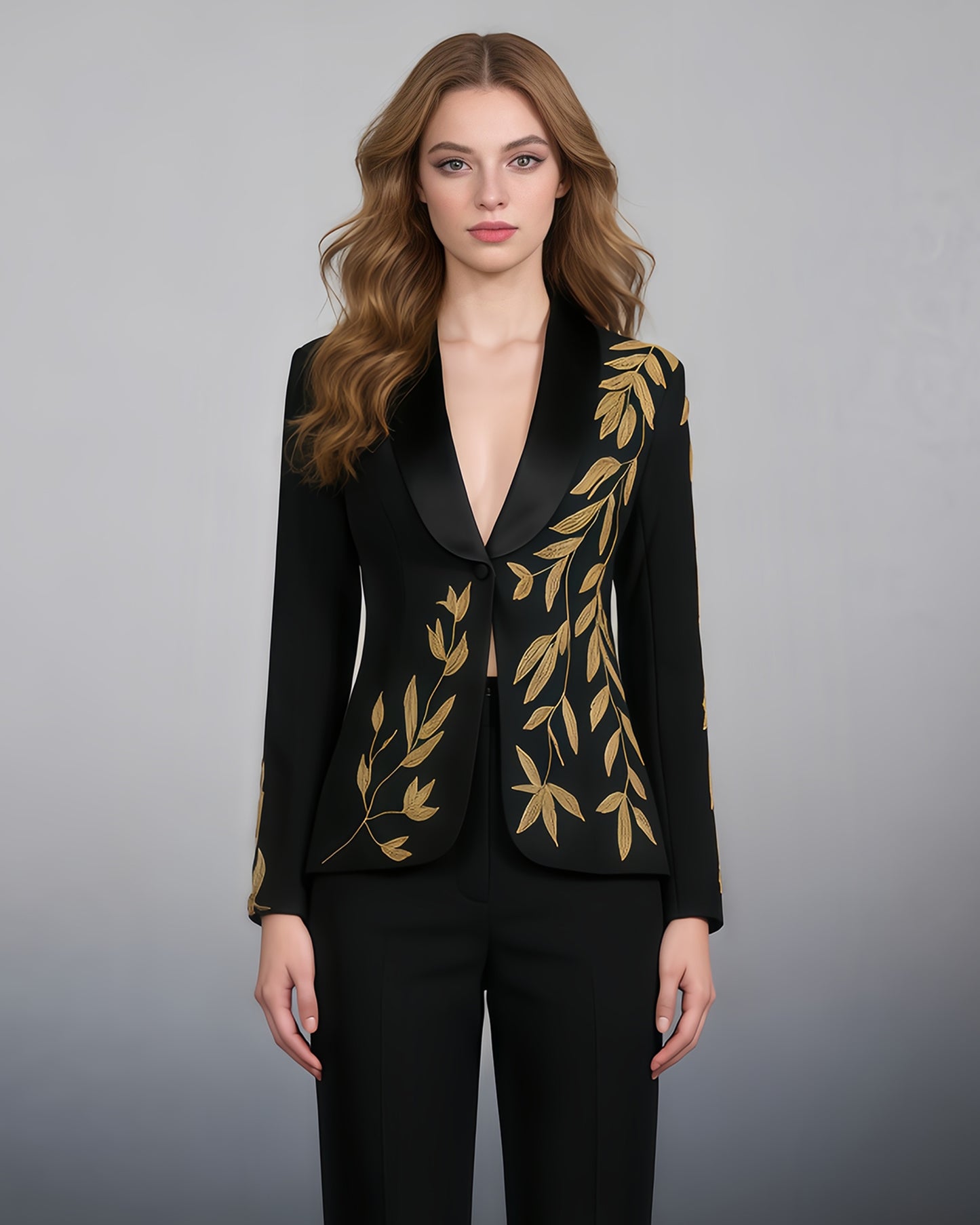 Black Blazer with Gold Leaf Embroidery & Satin Lapel