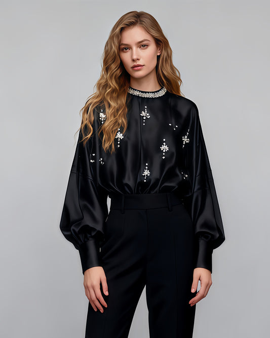 Black Blouse with Rhinestone Floral & Batwing Sleeve