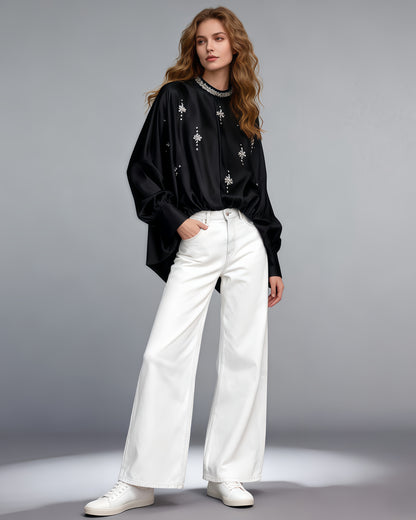 Black Blouse with Rhinestone Floral & Batwing Sleeve