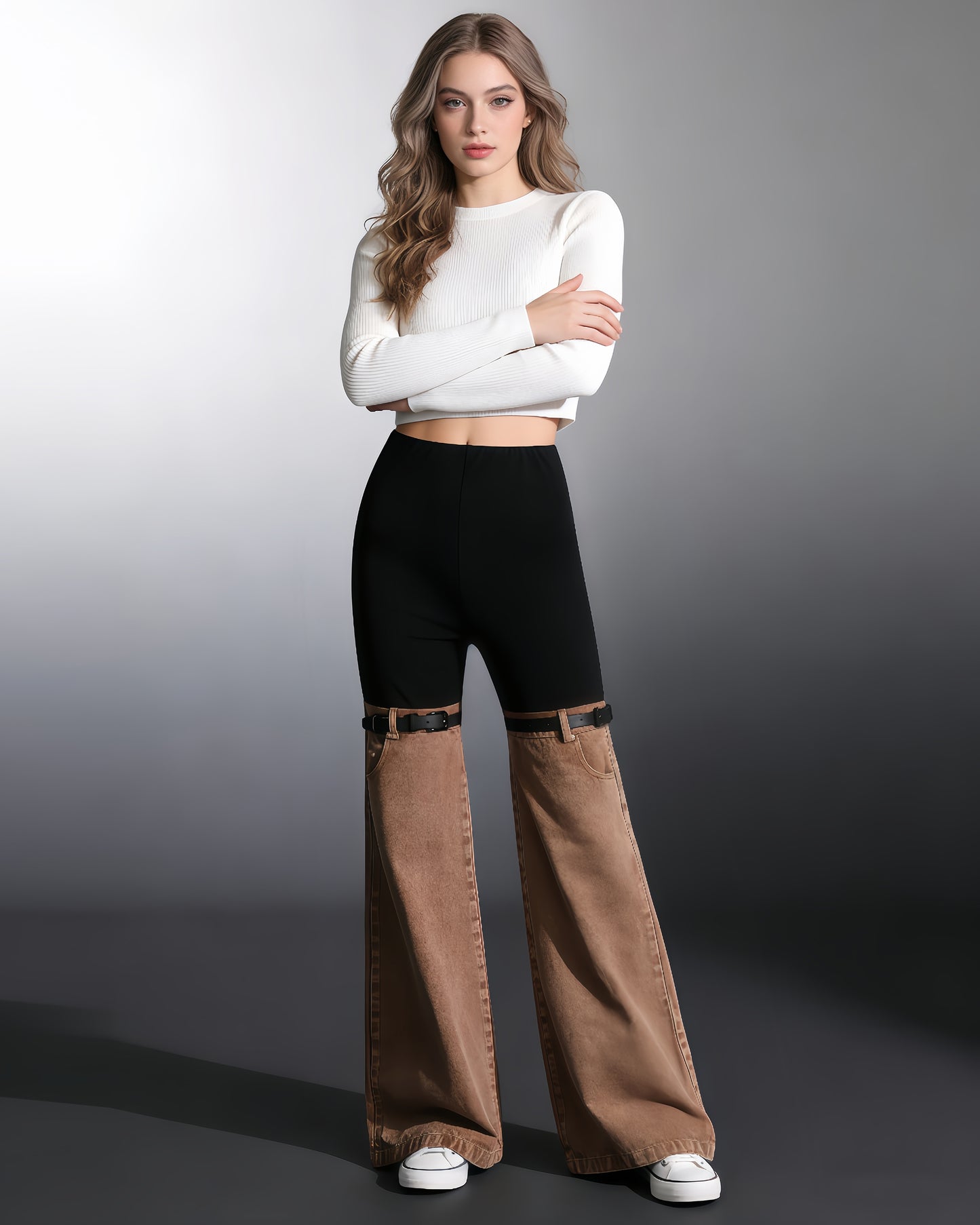 Black & Brown Two-Tone Flared Jeans with Belt