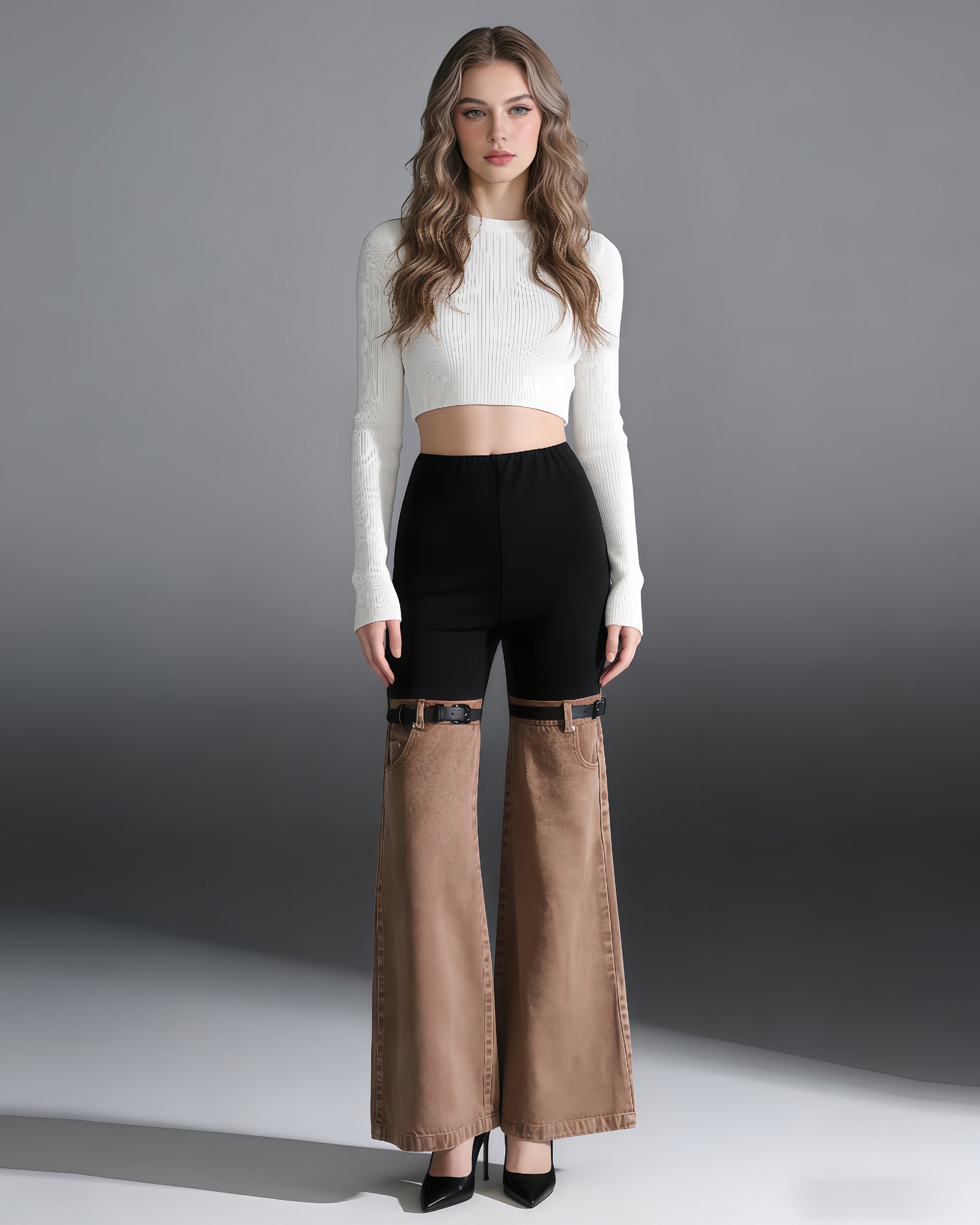 Black & Brown Two-Tone Flared Jeans with Belt