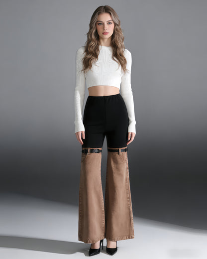 Black & Brown Two-Tone Flared Jeans with Belt