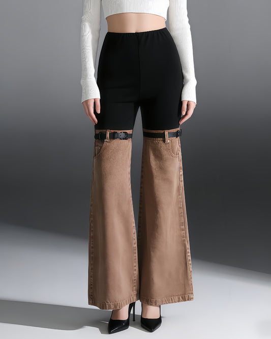 Black & Brown Two-Tone Flared Jeans with Belt