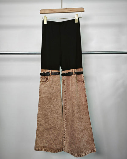 Black & Brown Two-Tone Flared Jeans with Belt