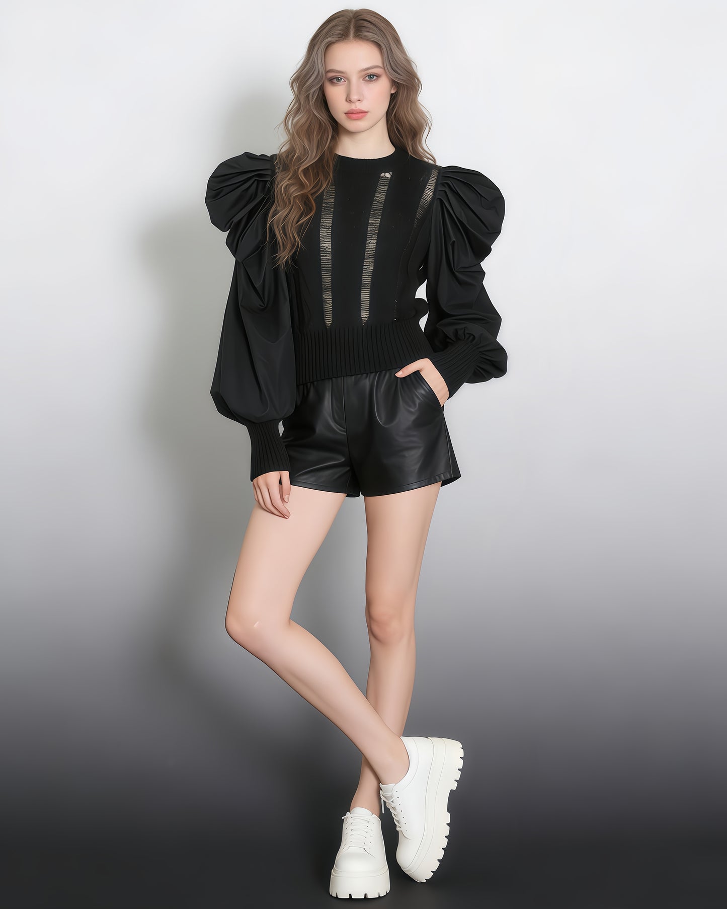 Black Cable-Knit Sweater with Voluminous Puff Sleeves