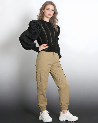 Black Cable-Knit Sweater with Voluminous Puff Sleeves