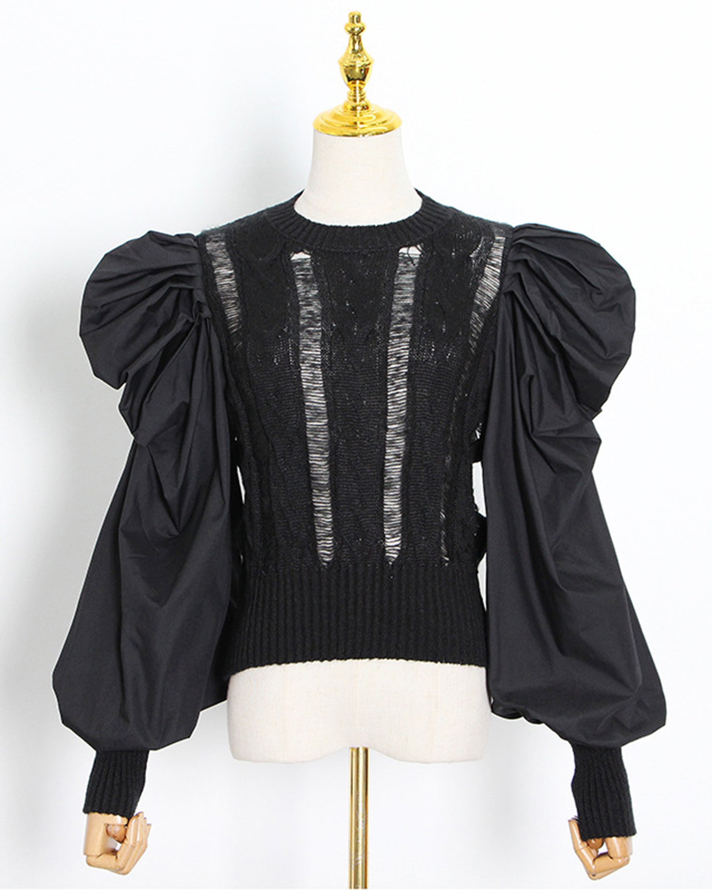 Black Cable-Knit Sweater with Voluminous Puff Sleeves