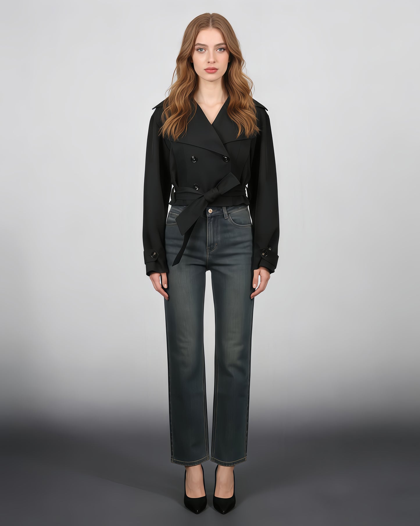 Black Cropped Trench Coat with Belted Waist