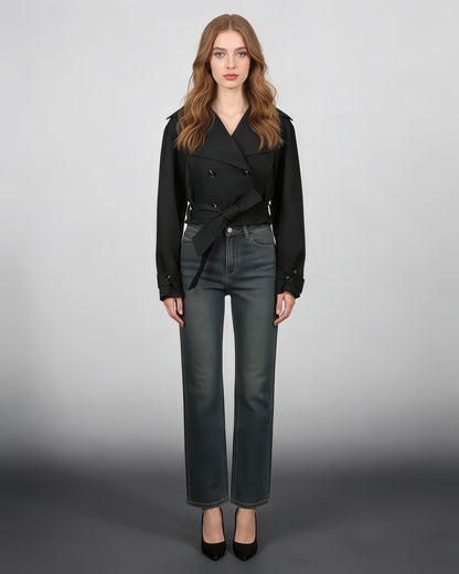 Black Cropped Trench Coat with Belted Waist