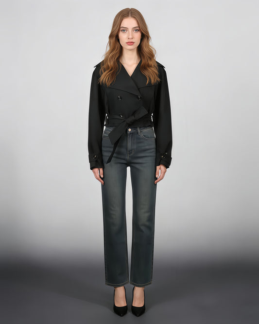 Black Cropped Trench Coat with Belted Waist
