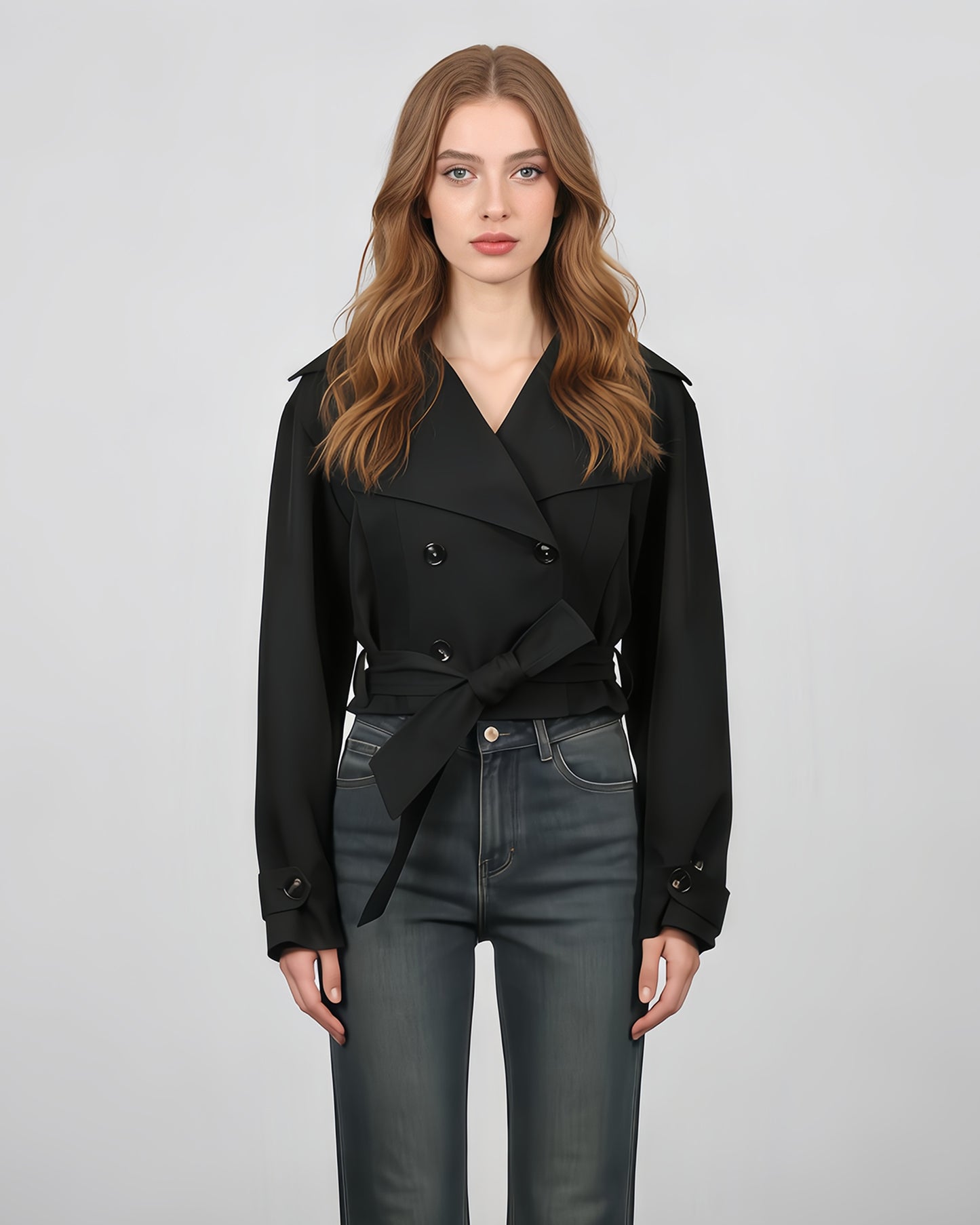 Black Cropped Trench Coat with Belted Waist
