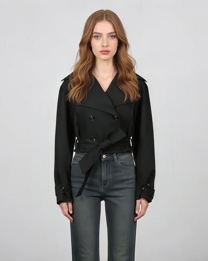 Black Cropped Trench Coat with Belted Waist