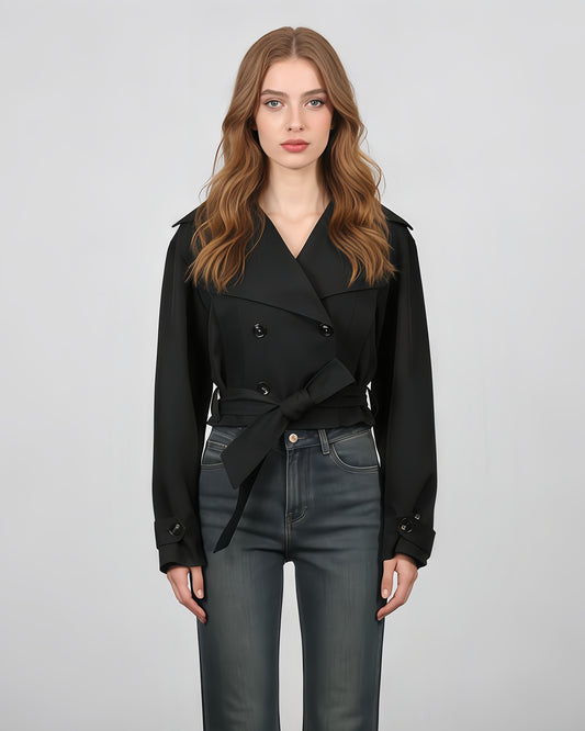 Black Cropped Trench Coat with Belted Waist