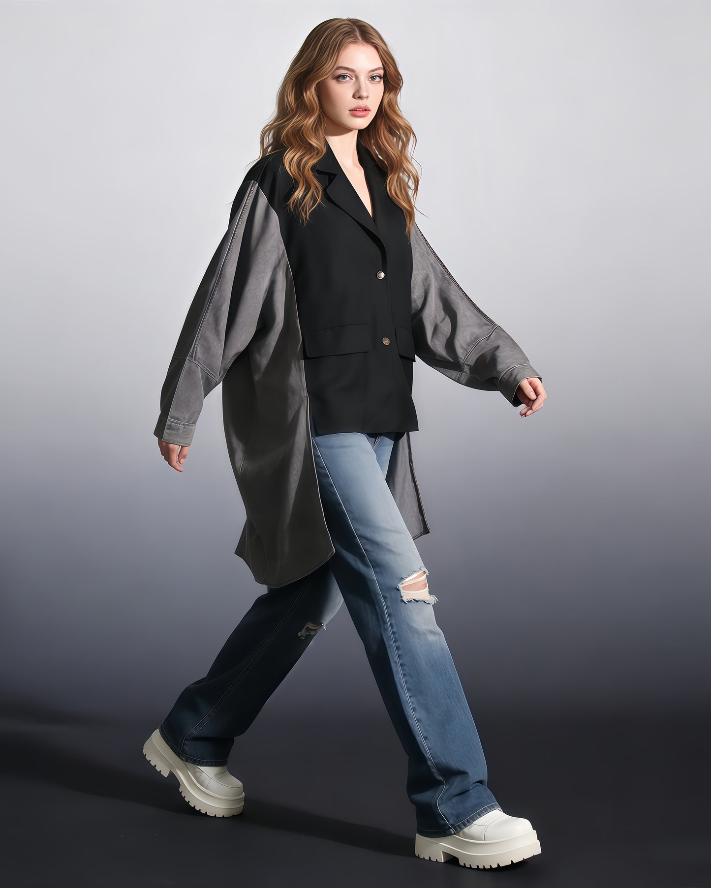 Black & Denim Mixed-Media Asymmetrical Blazer