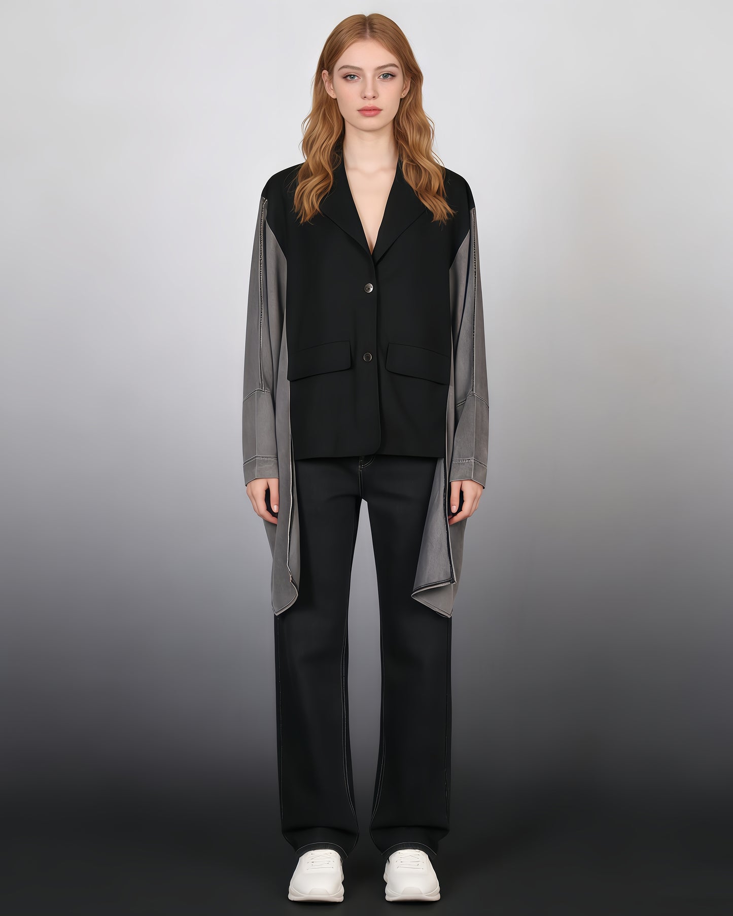 Black & Denim Mixed-Media Asymmetrical Blazer
