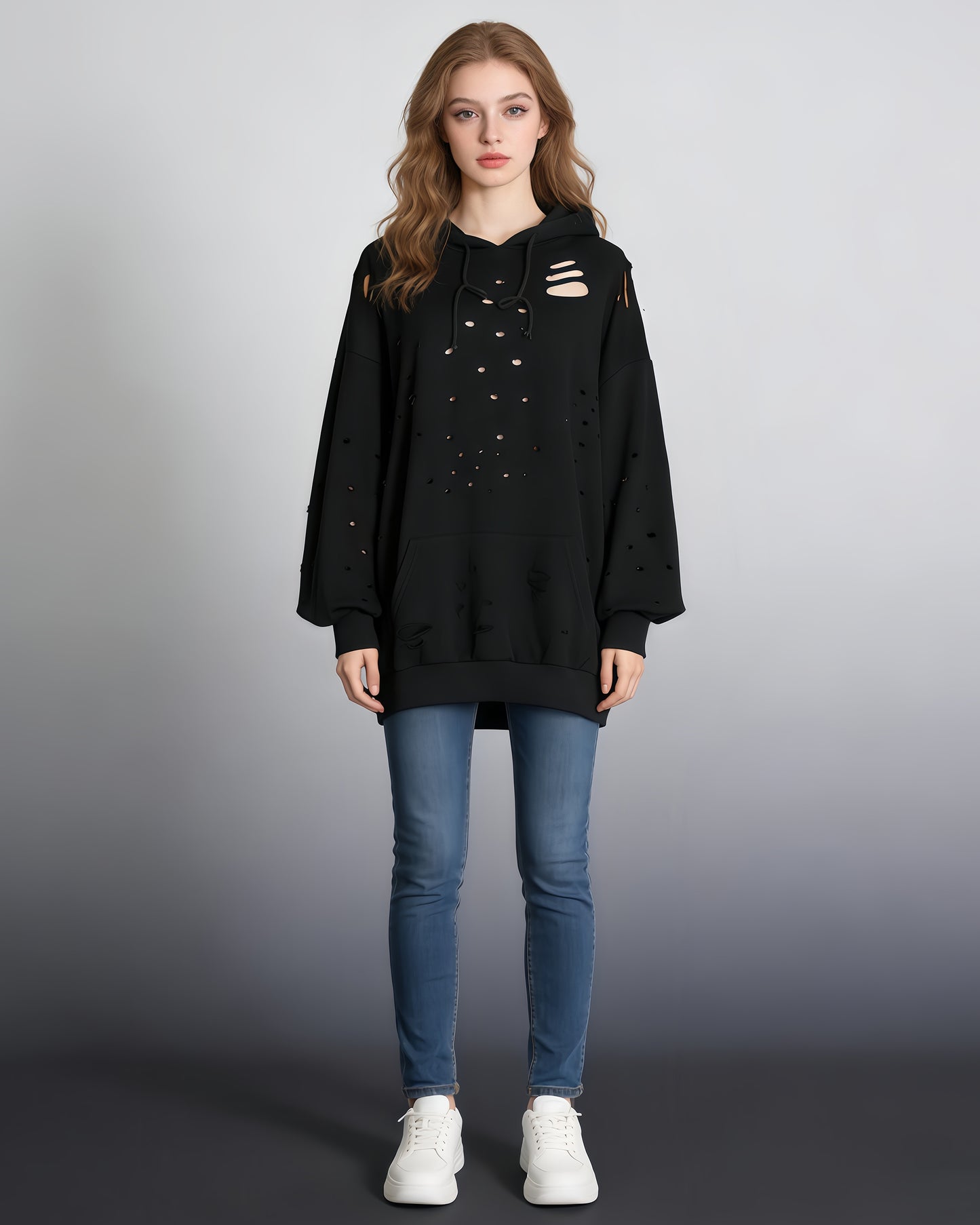 Black Distressed Oversized Hoodie
