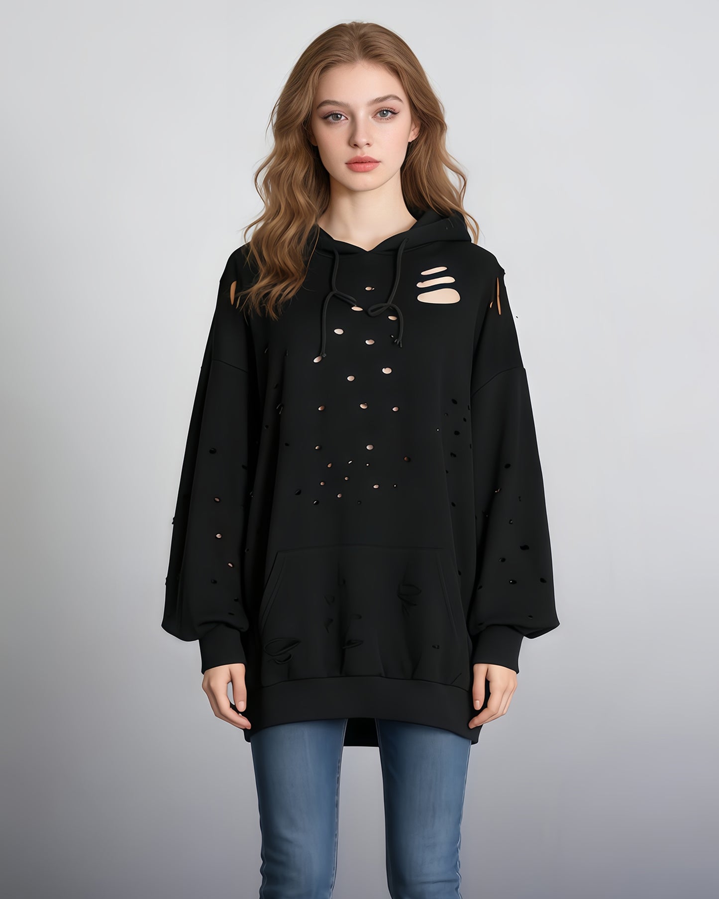Black Distressed Oversized Hoodie
