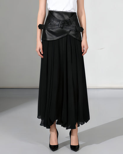 Black Faux Leather Buckle Chiffon Midi Skirt